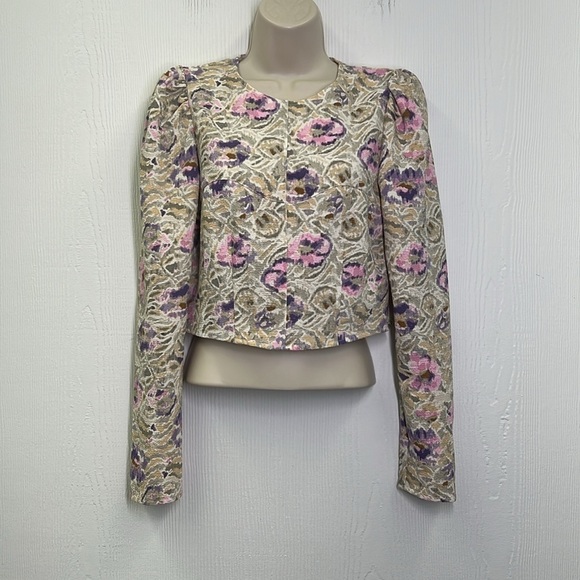 H&M - Purple & Pink Floral Cream Long Sleeve Crew Neck Crop Blouse Size Small - Picture 2 of 11